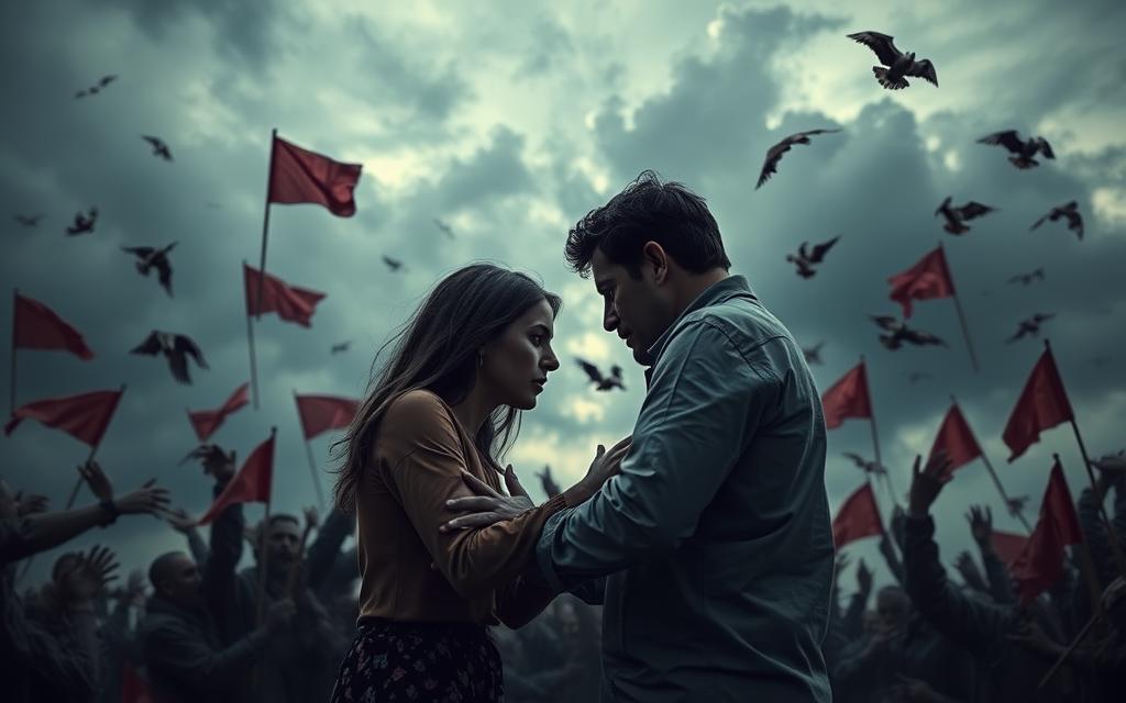 A chaotic, unsettling scene depicting various relationship red flags. In the foreground, a couple arguing intensely, their body language tense and confrontational. The background is a cloudy, foreboding sky, conveying a sense of impending doom. Subtle details like broken trust, control, and deception are subtly woven throughout the composition, creating an ominous and uneasy atmosphere. The lighting is harsh, casting harsh shadows and highlighting the discomfort and unease. The camera angle is slightly tilted, adding to the sense of instability and unease. Overall, the image aims to visually capture the warning signs of an unhealthy, troubled relationship.