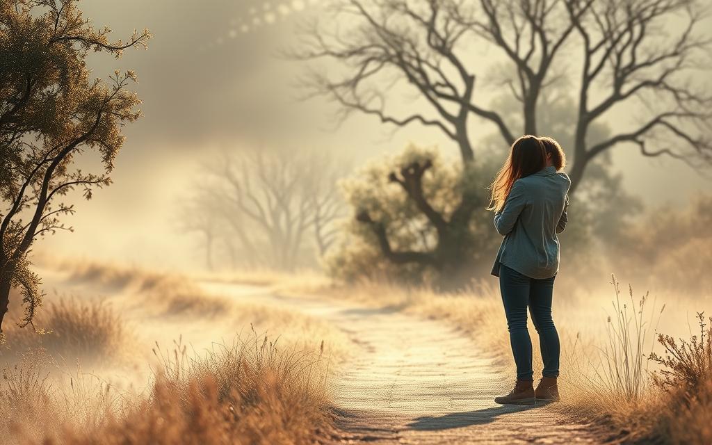 A couple embracing amidst a delicate, ethereal landscape. In the foreground, the figures stand close, their bodies intertwined, conveying a sense of vulnerability and tentative trust. Soft, diffused lighting bathes the scene, creating an atmosphere of introspection and healing. The middle ground features a winding path, symbolizing the journey of rebuilding. Hazy, indistinct trees and foliage in the background suggest the complexities and uncertainties of the process. The overall mood is one of cautious optimism, as the couple navigates the path forward, finding solace in each other's presence. A couple embracing amidst a delicate, ethereal landscape. In the foreground, the figures stand close, their bodies intertwined, conveying a sense of vulnerability and tentative trust. Soft, diffused lighting bathes the scene, creating an atmosphere of introspection and healing. The middle ground features a winding path, symbolizing the journey of rebuilding. Hazy, indistinct trees and foliage in the background suggest the complexities and uncertainties of the process. The overall mood is one of cautious optimism, as the couple navigates the path forward, finding solace in each other's presence.