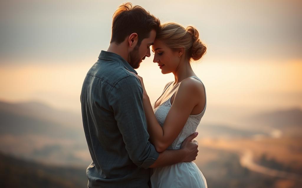 A couple embracing tenderly, their bodies intertwined as they work to rebuild the trust shattered by infidelity. Soft lighting bathes the scene, casting a warm, healing glow that reflects the fragility and vulnerability of the moment. In the background, a blurred landscape symbolizes the journey they are undertaking, a path forward lined with uncertainty but also the possibility of renewal. The pose suggests a delicate balance, a cautious yet hopeful reconnection, as they navigate the challenges of mending a broken bond. Cinematic in its framing, the image conveys the emotional weight and quiet determination of this intimate process.