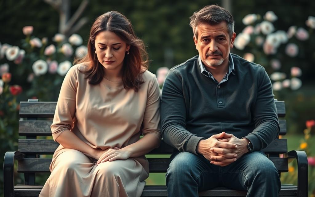 A couple seated on a bench, their hands clasped together, their expressions somber yet resolute. The scene is bathed in soft, warm lighting, creating an intimate, contemplative atmosphere. In the background, a lush garden with blooming flowers symbolizes the delicate nature of their bond. The couple's posture and body language convey a sense of trust, vulnerability, and the weight of their shared experiences. The image captures the complex emotions and dynamics inherent in the journey of marital trust and betrayal.