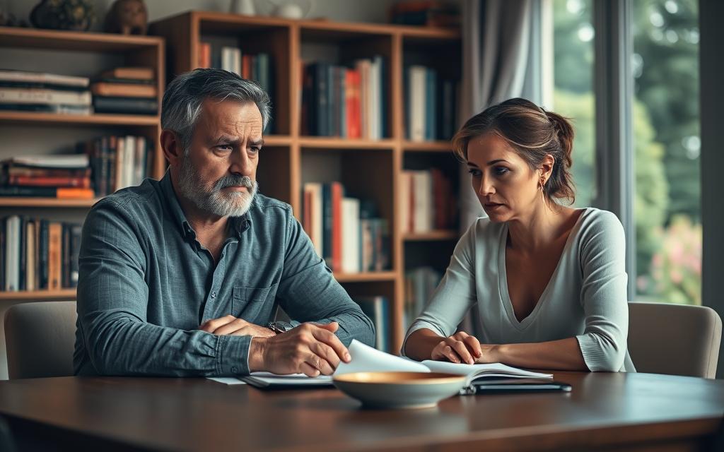 A couple sitting at a table, deep in discussion, the tension palpable in the air. Soft, warm lighting casts gentle shadows, highlighting their expressions - a mix of concern, uncertainty, and a glimmer of hope. In the background, a bookshelf filled with relationship books and a window overlooking a peaceful garden, suggesting a safe, introspective space. The composition is balanced, the lens slightly angled to create a sense of intimacy. The mood is somber yet contemplative, inviting the viewer to reflect on the complexities of marriage dynamics and the journey of healing after infidelity.