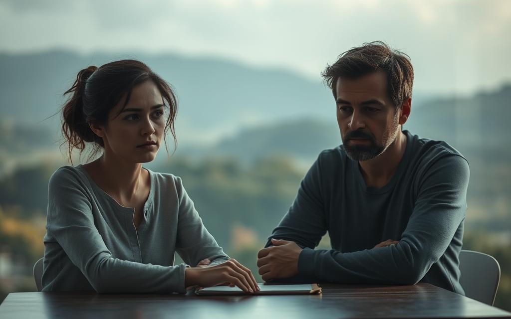 A couple sitting at a table, their expressions pensive and guarded. Soft, diffused lighting casts a hazy, dreamlike glow, creating an atmosphere of uncertainty and fragility. The space between them is charged with unspoken emotions, a tangible tension that fills the air. In the background, a blurred, abstract landscape suggests a world beyond their immediate surroundings, hinting at the broader context of their relationship. The overall mood is one of vulnerability, a sense of transparency and open wounds in the aftermath of betrayal, yet a glimmer of hope for reconciliation and healing. A couple sitting at a table, their expressions pensive and guarded. Soft, diffused lighting casts a hazy, dreamlike glow, creating an atmosphere of uncertainty and fragility. The space between them is charged with unspoken emotions, a tangible tension that fills the air. In the background, a blurred, abstract landscape suggests a world beyond their immediate surroundings, hinting at the broader context of their relationship. The overall mood is one of vulnerability, a sense of transparency and open wounds in the aftermath of betrayal, yet a glimmer of hope for reconciliation and healing.