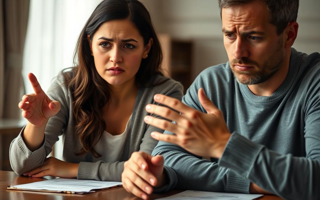 A couple sitting at a table, their faces etched with concern, as they engage in an earnest discussion. The lighting is soft and intimate, creating a sense of vulnerability. The woman gestures emphatically, presenting tangible evidence, while the man listens intently, his expression a mixture of remorse and contemplation. The background is subtly blurred, creating a sense of focus on the central figures and their emotional exchange. The composition captures the weight of the situation, the need for open communication, and the desire to find a resolution. A couple sitting at a table, their faces etched with concern, as they engage in an earnest discussion. The lighting is soft and intimate, creating a sense of vulnerability. The woman gestures emphatically, presenting tangible evidence, while the man listens intently, his expression a mixture of remorse and contemplation. The background is subtly blurred, creating a sense of focus on the central figures and their emotional exchange. The composition captures the weight of the situation, the need for open communication, and the desire to find a resolution.
