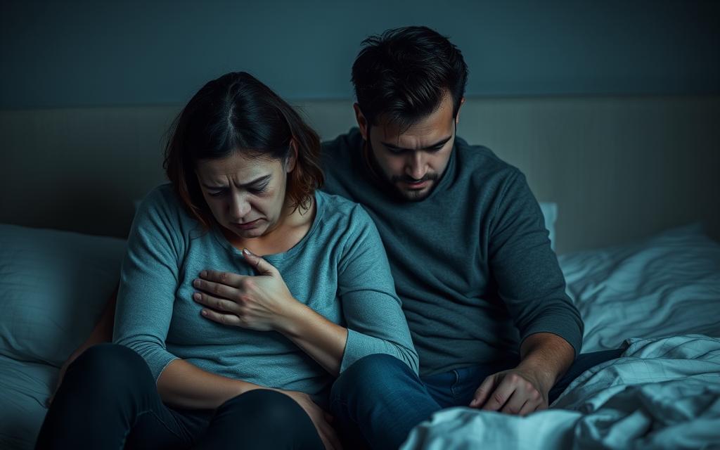A couple sitting on a bed, their faces etched with anguish and turmoil. The woman's head is buried in her hands, her shoulders shaking with muffled sobs. The man's expression is one of deep remorse, his gaze downcast as he wrestles with the weight of his actions. Muted tones of gray and blue cast a somber atmosphere, the dimly lit room amplifying the sense of emotional devastation. The scene is framed with a shallow depth of field, placing the couple in sharp focus while the background fades into a hazy blur, symbolizing the isolation and intensity of their personal struggle. A couple sitting on a bed, their faces etched with anguish and turmoil. The woman's head is buried in her hands, her shoulders shaking with muffled sobs. The man's expression is one of deep remorse, his gaze downcast as he wrestles with the weight of his actions. Muted tones of gray and blue cast a somber atmosphere, the dimly lit room amplifying the sense of emotional devastation. The scene is framed with a shallow depth of field, placing the couple in sharp focus while the background fades into a hazy blur, symbolizing the isolation and intensity of their personal struggle.