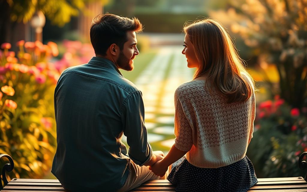 A couple sitting on a bench, their hands intertwined as they gaze into each other's eyes, conveying a sense of tentative trust and cautious hope. The background is a serene garden, with vibrant flowers and a softly blurred path leading into the distance, suggesting a journey towards healing and reconciliation. Warm, golden lighting casts a gentle glow, evoking a mood of introspection and emotional vulnerability. The overall composition is intimate and poignant, reflecting the delicate process of rebuilding trust after a betrayal.
