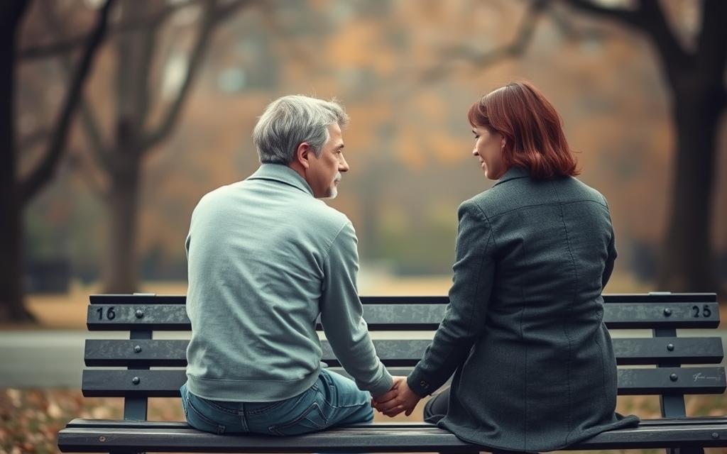 A couple sitting on a park bench, facing each other, their hands intertwined. Their expressions convey a sense of vulnerability and tentative hope as they work to rebuild trust after an infidelity. The background is blurred, with a warm, muted palette reflecting the somber yet hopeful atmosphere. Soft, natural lighting casts a gentle glow, creating an intimate, introspective mood. The overall scene evokes the delicate process of repairing a damaged relationship and rediscovering mutual understanding. A couple sitting on a park bench, facing each other, their hands intertwined. Their expressions convey a sense of vulnerability and tentative hope as they work to rebuild trust after an infidelity. The background is blurred, with a warm, muted palette reflecting the somber yet hopeful atmosphere. Soft, natural lighting casts a gentle glow, creating an intimate, introspective mood. The overall scene evokes the delicate process of repairing a damaged relationship and rediscovering mutual understanding.
