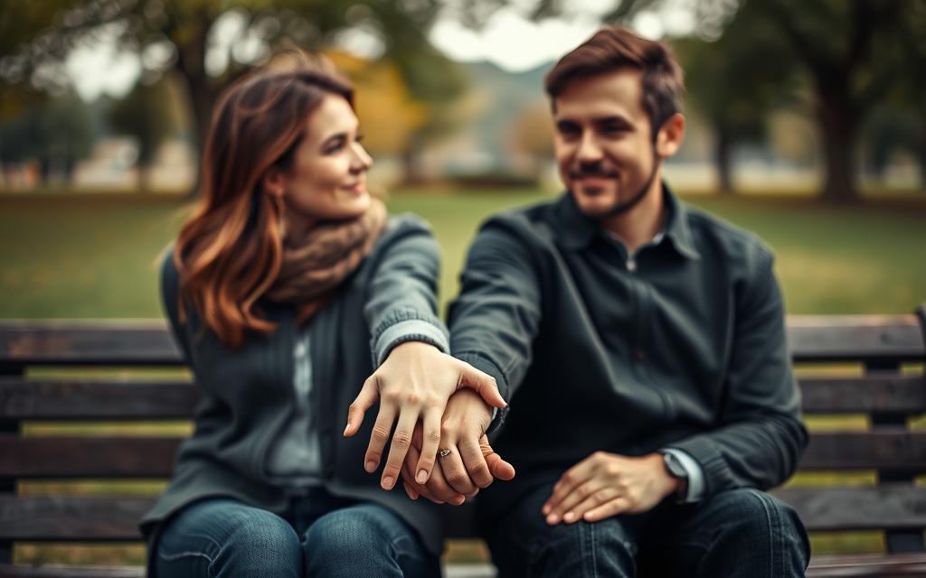 A couple sitting on a park bench, their faces reflecting vulnerability and open communication. The foreground shows their hands intertwined, symbolizing the delicate trust being rebuilt. A warm, diffused lighting illuminates their expressions, conveying a sense of honesty and transparency. In the middle ground, the park setting is blurred, creating a sense of intimacy and focus on the pair. The background features a softly out-of-focus landscape, suggesting the world beyond their shared moment. The overall atmosphere evokes a feeling of tentative hope and the gentle journey of mending a broken relationship.