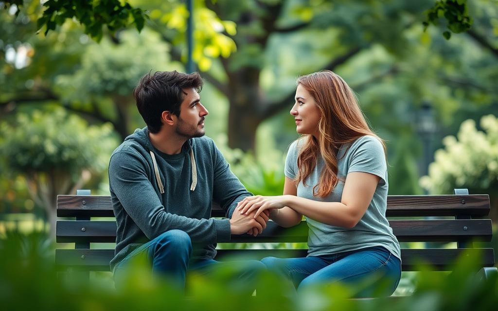 A couple sitting on a park bench, their hands clasped together, gazing into each other's eyes with a mix of tenderness and uncertainty. The background is a lush, verdant garden, with soft, diffused lighting filtering through the trees, creating a sense of tranquility and intimacy. The couple's body language conveys a delicate balance, as they work to rebuild the trust and connection that was once shattered by infidelity. The scene is captured with a shallow depth of field, focusing the viewer's attention on the couple's expressive faces and the subtle, yet powerful, emotional exchange between them.