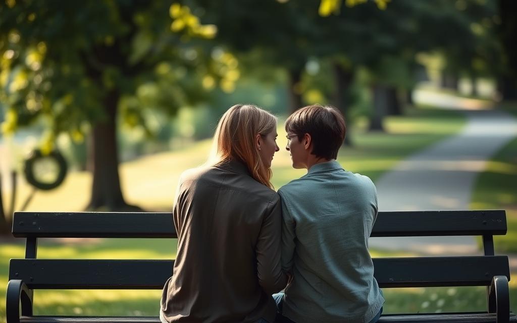 A couple sitting together on a park bench, faces turned towards each other in deep conversation. Gentle afternoon sunlight filters through the trees, casting a soft, warm glow. Their body language conveys vulnerability, openness, and a tentative, yet hopeful, reconnection. The background is slightly blurred, with lush greenery and a path winding away, suggesting a private, secluded moment amidst the larger world. The overall mood is one of contemplation, introspection, and the gradual rebuilding of trust and intimacy after a difficult period.