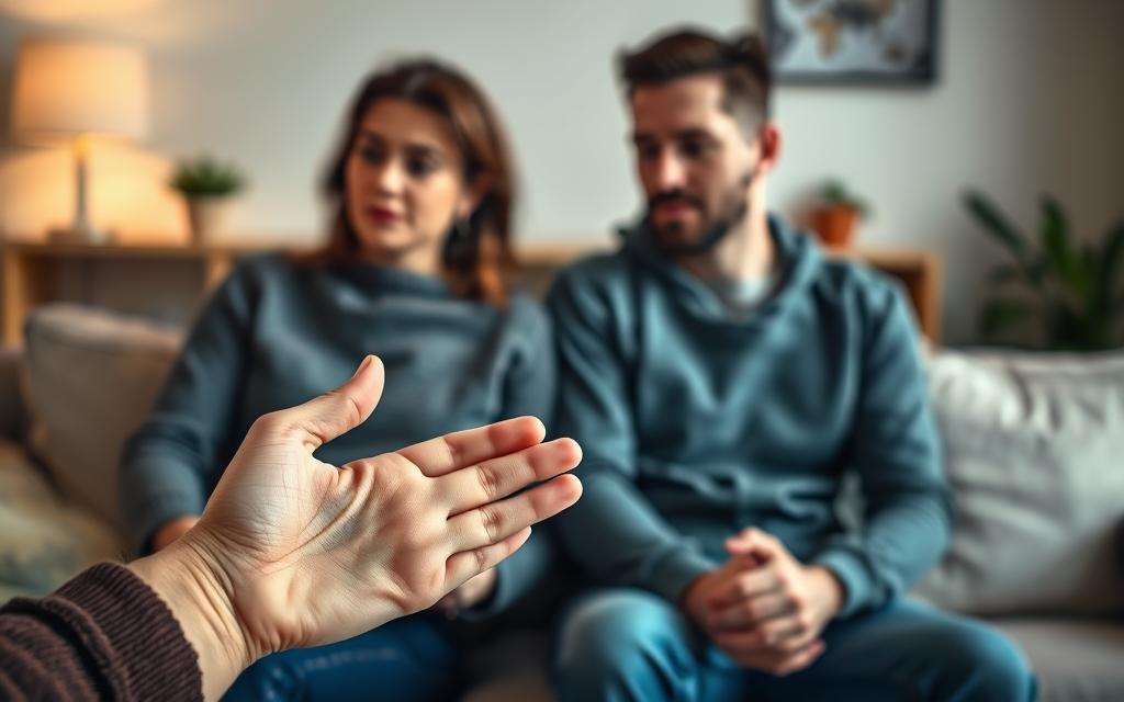 A couple sitting together, their expressions pensive and reflective. The foreground shows their hands, one reaching out tentatively to the other, a symbol of the delicate trust being rebuilt. The middle ground depicts the couple, their body language guarded yet open, conveying the careful boundaries and emotional vulnerability required to heal. The background is softly blurred, a serene setting of a cozy living room, suggesting the sanctuary of a shared space. Soft, warm lighting casts a gentle glow, capturing the mood of contemplation and the gradual restoration of intimacy. The image evokes the complex emotions and deliberate steps involved in strengthening a relationship after infidelity.