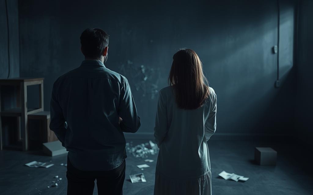 A couple standing apart, their backs turned, faces obscured by shadows. The dim lighting casts a somber, heavy atmosphere, reflecting the emotional turmoil of their relationship. In the background, shattered glass and crumpled photographs hint at the aftermath of betrayal. The scene conveys a sense of disconnection, the once-vibrant bond now strained and fragile. A wide-angle lens captures the vastness of the space, emphasizing the emotional distance between the pair. Soft, muted colors and a sense of melancholy pervade the image, embodying the profound impact of infidelity on their once-cherished partnership.
