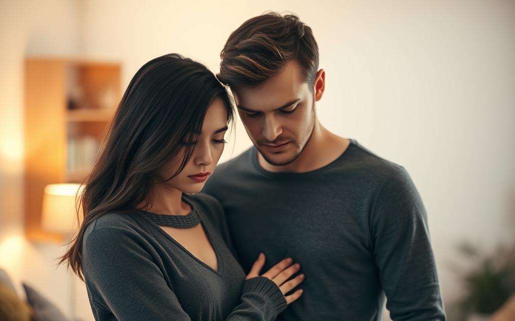 A couple standing close together, their bodies language conveying hesitation and uncertainty. The woman's face is partially obscured, a pensive expression, while the man's gaze is downcast, reflecting remorse. In the background, a blurred domestic setting - a living room or bedroom - suggesting the intimacy and privacy of their relationship. Soft, warm lighting bathes the scene, creating an atmosphere of vulnerability and the hope for reconciliation. The overall mood is one of tentative steps towards rebuilding trust after a betrayal, the path forward uncertain but present. A couple standing close together, their bodies language conveying hesitation and uncertainty. The woman's face is partially obscured, a pensive expression, while the man's gaze is downcast, reflecting remorse. In the background, a blurred domestic setting - a living room or bedroom - suggesting the intimacy and privacy of their relationship. Soft, warm lighting bathes the scene, creating an atmosphere of vulnerability and the hope for reconciliation. The overall mood is one of tentative steps towards rebuilding trust after a betrayal, the path forward uncertain but present.