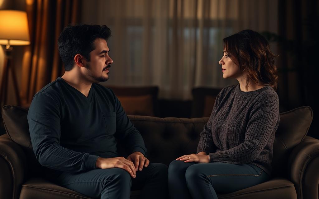 A cozy, dimly lit room with soft lighting and warm tones. Two people, a man and a woman, sit across from each other on a plush sofa, their body language conveying a sense of openness and vulnerability. Their faces are expressive, reflecting the gravity and emotional weight of their conversation. The background is blurred, creating a sense of intimacy and focus on the couple. The overall atmosphere is one of introspection, trust, and a shared desire to navigate the complexities of their relationship.