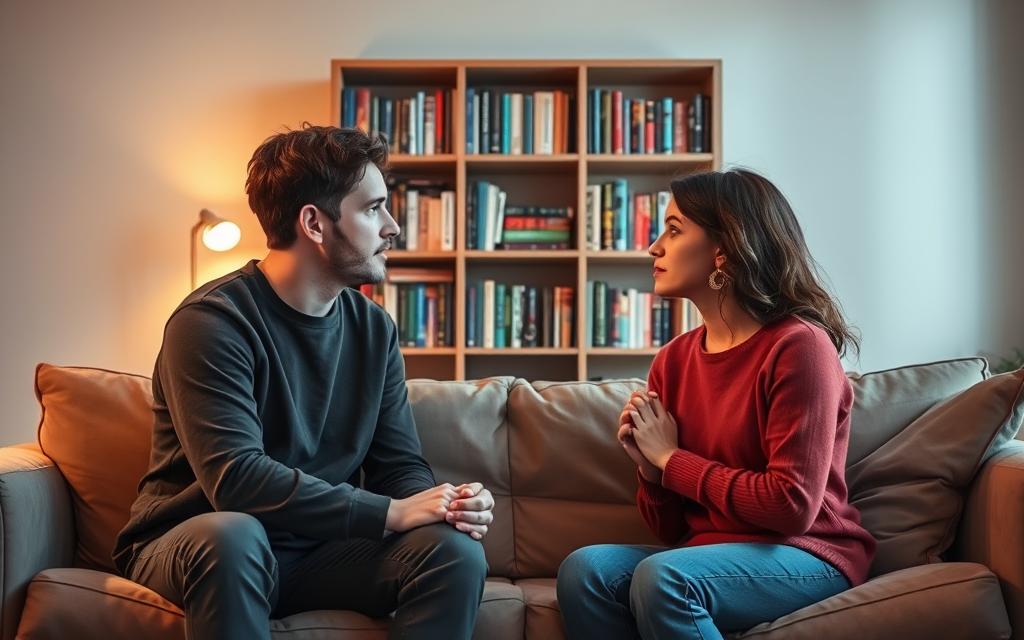 A cozy living room setting, bathed in warm, inviting light. In the foreground, two people sit on a plush couch, facing each other earnestly, hands clasped, expressions thoughtful as they navigate the process of rebuilding trust. Behind them, a bookshelf filled with titles on relationships and personal growth suggests a journey of self-reflection. The backdrop is a serene, neutral palette, allowing the focus to remain on the intimate, vulnerable moment unfolding between the two figures. The overall atmosphere conveys a sense of hope, determination, and the gradual mending of a broken bond.