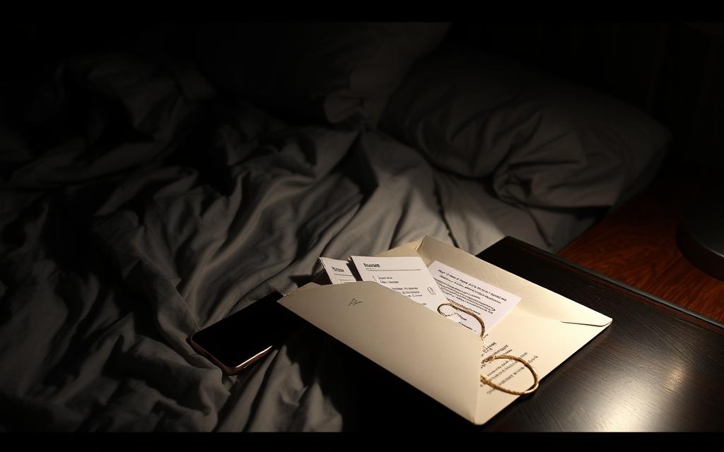 A dimly lit bedroom, rumpled sheets, a smartphone screen casting an eerie glow. On the nightstand, an open envelope, its contents spilled out - love letters, hotel receipts, a half-hidden necklace. The air thick with tension, a sense of betrayal palpable. Shadows creeping in, hinting at the hidden truths that lie beneath the surface. A scene of intimacy turned sour, a relationship fractured by the weight of unspoken secrets. A dimly lit bedroom, rumpled sheets, a smartphone screen casting an eerie glow. On the nightstand, an open envelope, its contents spilled out - love letters, hotel receipts, a half-hidden necklace. The air thick with tension, a sense of betrayal palpable. Shadows creeping in, hinting at the hidden truths that lie beneath the surface. A scene of intimacy turned sour, a relationship fractured by the weight of unspoken secrets.
