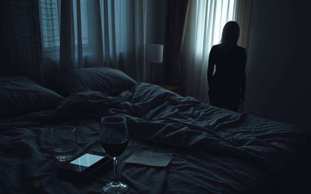 A dimly lit bedroom, shadows cast across a rumpled bed. On the nightstand, a half-empty glass of wine, a crumpled note, and a forgotten mobile phone, its screen aglow. The air is thick with unease, as if time has stopped, leaving behind the lingering scent of betrayal. In the corner, the faint outline of a figure, their back turned, shoulders slumped, the embodiment of a relationship in crisis. Hazy light filters through the curtains, casting an eerie glow, a somber reminder of the shattered trust that now permeates the space. This image captures the subtle, unsettling signs of infidelity, a window into the painful reality that lurks beneath the surface of a once-cherished bond. A dimly lit bedroom, shadows cast across a rumpled bed. On the nightstand, a half-empty glass of wine, a crumpled note, and a forgotten mobile phone, its screen aglow. The air is thick with unease, as if time has stopped, leaving behind the lingering scent of betrayal. In the corner, the faint outline of a figure, their back turned, shoulders slumped, the embodiment of a relationship in crisis. Hazy light filters through the curtains, casting an eerie glow, a somber reminder of the shattered trust that now permeates the space. This image captures the subtle, unsettling signs of infidelity, a window into the painful reality that lurks beneath the surface of a once-cherished bond.