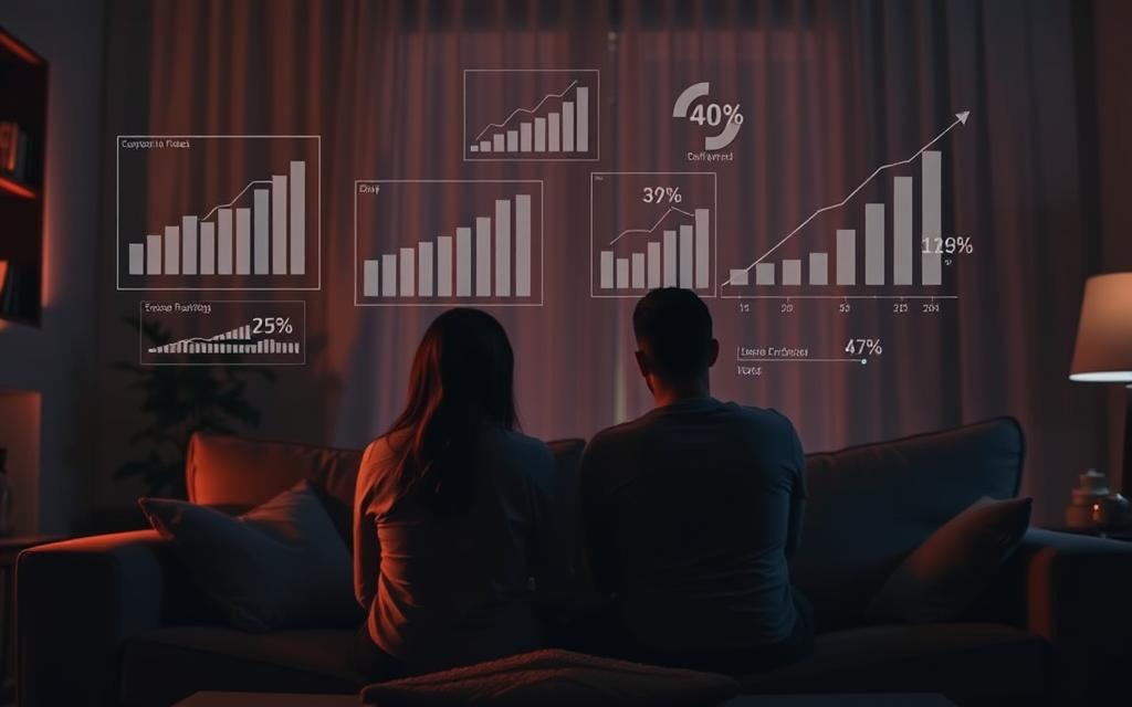 A dimly lit home interior, late evening. Soft, warm lighting casts an intimate glow. In the foreground, a couple sits on a plush couch, their body language tense and distant. Statistical charts and graphs float ethereally in the air around them, conveying the complex data of modern relationship infidelity. The background is hazy, suggesting the emotional weight and uncertainty of the topic. The scene evokes a palpable sense of unease and the fragility of trust in contemporary partnerships.
