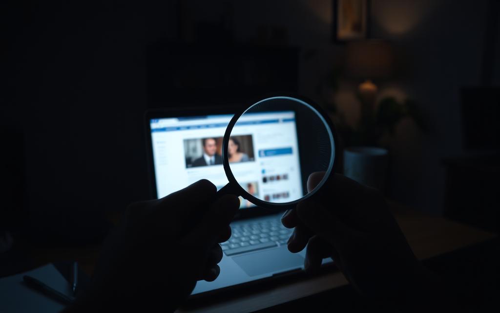A dimly lit home office, the glow of a laptop screen casting shadows across a desk. On the screen, a web browser open to a suspicious-looking social media profile. In the foreground, a pair of hands holding a magnifying glass, carefully examining the screen for any telltale signs of infidelity. The atmosphere is tense, the lighting dramatic, as the investigation into potential cheating patterns unfolds. A 50mm lens captures the scene with a shallow depth of field, drawing the viewer's attention to the crucial details. The overall mood is one of detective-like scrutiny, with a touch of the paranormal - as if uncovering the truth has supernatural undertones.