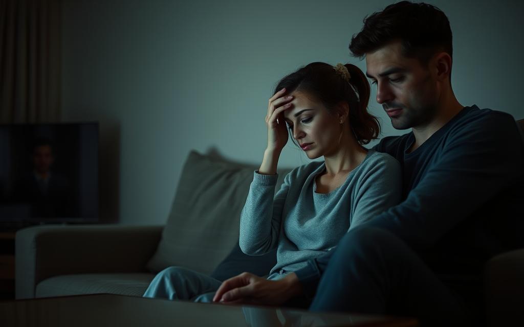 A dimly lit living room, a couple sitting on a couch, their expressions solemn. The woman's face is turned away, her hand on her forehead, while the man looks thoughtfully at the floor. Soft ambient lighting casts a warm, introspective glow, underscoring the weight of the situation. The room is sparsely furnished, emphasizing the emotional distance between the two. A sense of unease and uncertainty permeates the scene, hinting at the complex context of infidelity and the need for understanding and healing.