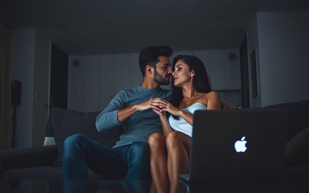 A dimly lit modern apartment, the walls adorned with sleek, minimalist decor. In the foreground, a man and woman sit side by side on a plush, contemporary couch, their hands discreetly intertwined, their gazes locked in a moment of stolen intimacy. In the background, a laptop sits open, its screen casting a soft glow, hinting at the digital connections that have enabled their infidelity. The lighting is low and moody, creating a sense of secrecy and tension, as if the room itself is a stage for their clandestine affair. The scene captures the way technology has become a facilitator of modern infidelity, blurring the lines between the physical and digital realms. A dimly lit modern apartment, the walls adorned with sleek, minimalist decor. In the foreground, a man and woman sit side by side on a plush, contemporary couch, their hands discreetly intertwined, their gazes locked in a moment of stolen intimacy. In the background, a laptop sits open, its screen casting a soft glow, hinting at the digital connections that have enabled their infidelity. The lighting is low and moody, creating a sense of secrecy and tension, as if the room itself is a stage for their clandestine affair. The scene captures the way technology has become a facilitator of modern infidelity, blurring the lines between the physical and digital realms.