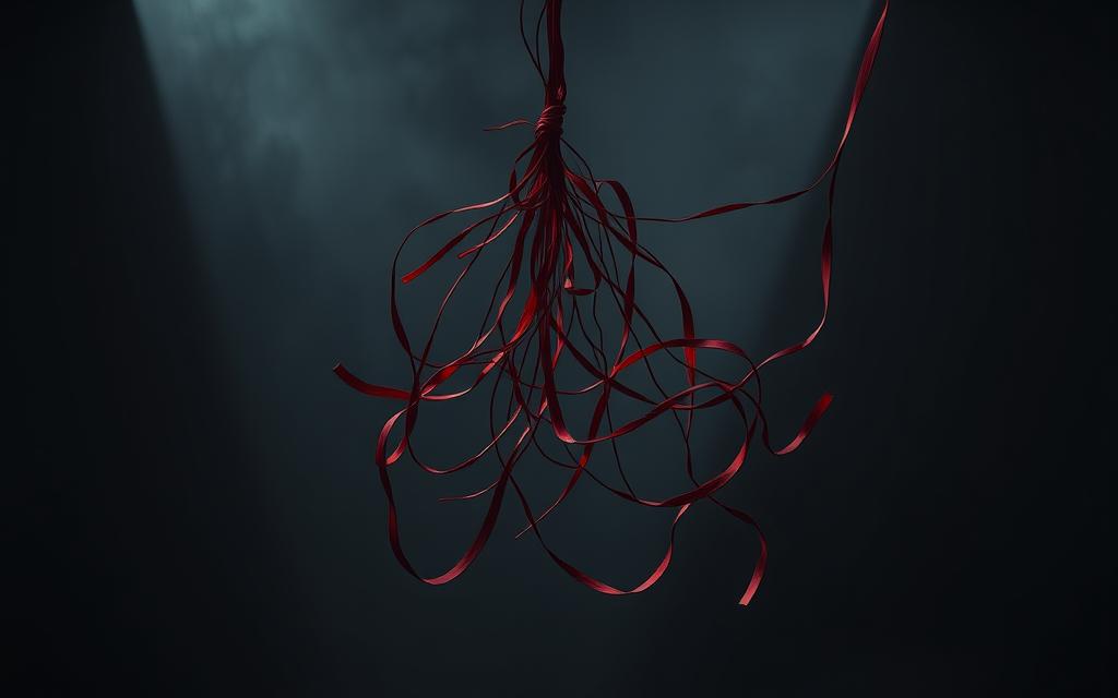 A dimly lit, moody scene depicting a tangle of red strings or ribbons, symbolizing the intricate web of infidelity. The strings originate from a central point, radiating outwards to suggest a sense of unease and entanglement. The background is hazy, with muted colors and shadows, creating an atmosphere of distrust and uncertainty. The lighting is soft and dramatic, casting long shadows that add depth and a sense of mystery to the composition. The overall aesthetic is one of subtle, psychological tension, capturing the essence of the "Infidelity and Trust Issues" theme. A dimly lit, moody scene depicting a tangle of red strings or ribbons, symbolizing the intricate web of infidelity. The strings originate from a central point, radiating outwards to suggest a sense of unease and entanglement. The background is hazy, with muted colors and shadows, creating an atmosphere of distrust and uncertainty. The lighting is soft and dramatic, casting long shadows that add depth and a sense of mystery to the composition. The overall aesthetic is one of subtle, psychological tension, capturing the essence of the "Infidelity and Trust Issues" theme.