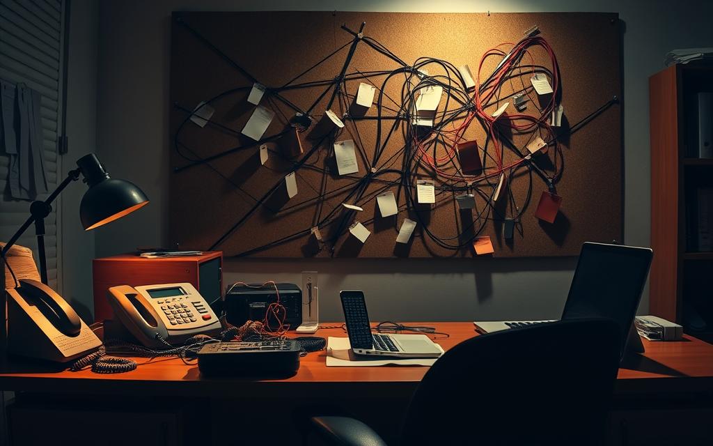 A dimly lit office setting, with a desk and chair in the foreground. On the desk, various communication devices - a landline phone, a mobile phone, a laptop - are arranged haphazardly, creating a sense of disarray. The middle ground features a corkboard with a tangle of colored strings, connecting different notes and snippets of information, alluding to the complex web of emotional connections. In the background, shadows cast by the devices create an ominous atmosphere, highlighting the underlying tension and unease. The lighting is a mixture of warm and cool tones, creating a sense of emotional duality. The overall scene conveys a sense of warning, with the communication patterns suggesting the potential for an emotional affair. A dimly lit office setting, with a desk and chair in the foreground. On the desk, various communication devices - a landline phone, a mobile phone, a laptop - are arranged haphazardly, creating a sense of disarray. The middle ground features a corkboard with a tangle of colored strings, connecting different notes and snippets of information, alluding to the complex web of emotional connections. In the background, shadows cast by the devices create an ominous atmosphere, highlighting the underlying tension and unease. The lighting is a mixture of warm and cool tones, creating a sense of emotional duality. The overall scene conveys a sense of warning, with the communication patterns suggesting the potential for an emotional affair.
