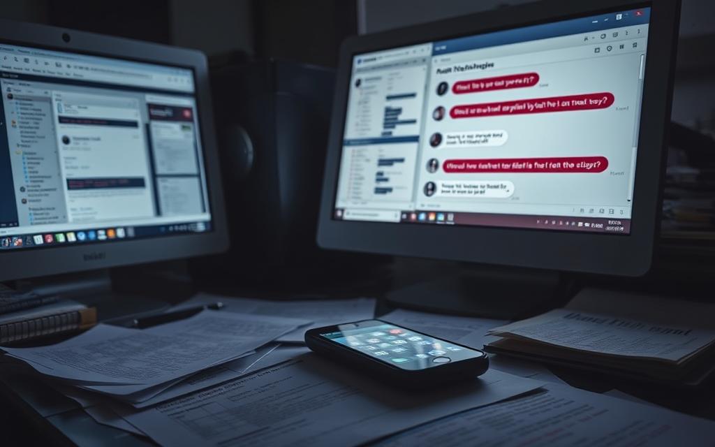A dimly lit office setting, with a desktop computer, smartphone, and scattered documents on a cluttered desk. The screen of the computer displays various digital files, webpages, and messaging apps, hinting at a trail of suspicious online activity. The smartphone's screen shows text messages with ambiguous and suggestive content. The documents on the desk appear to be financial statements, travel itineraries, and other personal records, suggesting an attempt to conceal information. The lighting is moody, with shadows casting an air of secrecy and deception. The overall atmosphere conveys a sense of unease and the feeling that something is being hidden. A dimly lit office setting, with a desktop computer, smartphone, and scattered documents on a cluttered desk. The screen of the computer displays various digital files, webpages, and messaging apps, hinting at a trail of suspicious online activity. The smartphone's screen shows text messages with ambiguous and suggestive content. The documents on the desk appear to be financial statements, travel itineraries, and other personal records, suggesting an attempt to conceal information. The lighting is moody, with shadows casting an air of secrecy and deception. The overall atmosphere conveys a sense of unease and the feeling that something is being hidden.