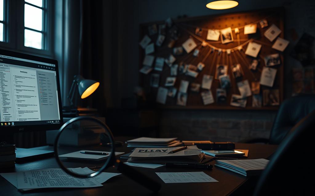 A dimly lit office setting, with a detective-style desk showcasing an array of investigative tools and evidence. In the foreground, a magnifying glass examines a document, while a computer screen displays digital files. The middle ground features a corkboard covered in photographs, notes, and strings connecting clues. In the background, a window casts a moody, dramatic lighting, creating a sense of seriousness and determination. The overall atmosphere evokes a methodical, meticulous approach to gathering solid proof, befitting the task at hand. A dimly lit office setting, with a detective-style desk showcasing an array of investigative tools and evidence. In the foreground, a magnifying glass examines a document, while a computer screen displays digital files. The middle ground features a corkboard covered in photographs, notes, and strings connecting clues. In the background, a window casts a moody, dramatic lighting, creating a sense of seriousness and determination. The overall atmosphere evokes a methodical, meticulous approach to gathering solid proof, befitting the task at hand.
