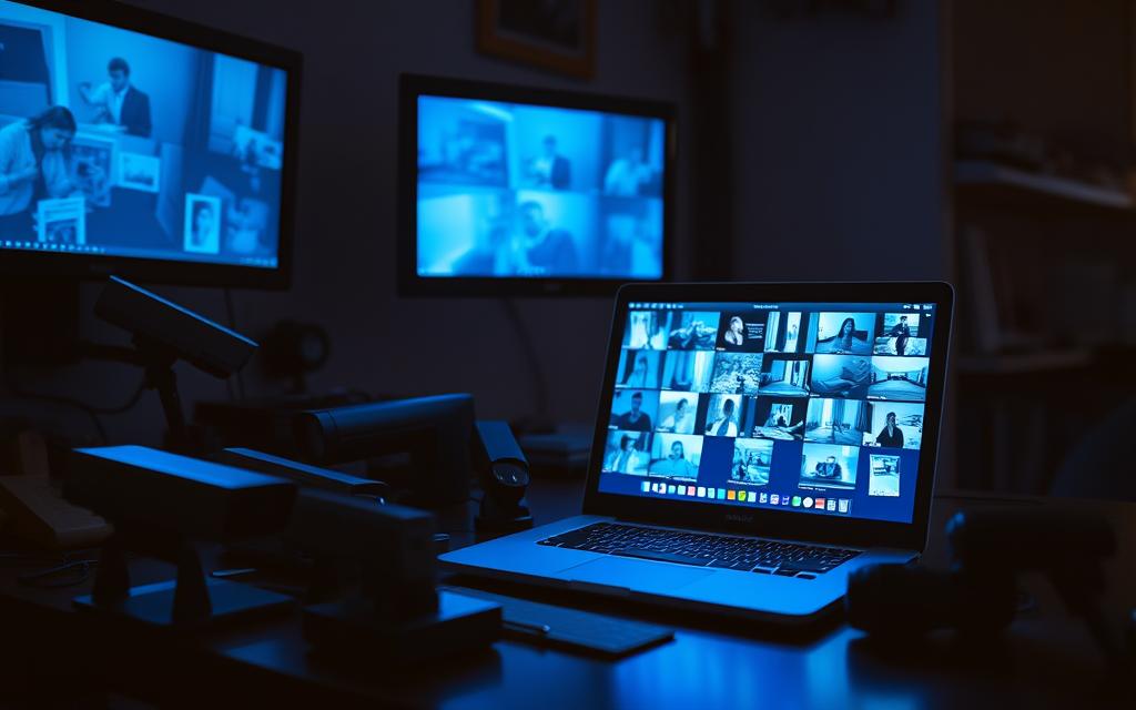 A dimly lit office, the glow of multiple computer screens casting an eerie blue hue. On the desk, an array of digital surveillance tools - sophisticated cameras, hidden microphones, and a sleek laptop displaying a grid of live footage. The scene conveys a sense of intrigue and unease, as if the observer is privy to a covert operation. The lighting is dramatic, creating deep shadows and highlighting the technical complexity of the equipment. The composition emphasizes the tools of the trade, with a focus on the laptop screen and the various surveillance devices arranged in a meaningful pattern. The overall mood is one of mystery and suspicion, perfectly suited to the task of catching a cheater through digital means. A dimly lit office, the glow of multiple computer screens casting an eerie blue hue. On the desk, an array of digital surveillance tools - sophisticated cameras, hidden microphones, and a sleek laptop displaying a grid of live footage. The scene conveys a sense of intrigue and unease, as if the observer is privy to a covert operation. The lighting is dramatic, creating deep shadows and highlighting the technical complexity of the equipment. The composition emphasizes the tools of the trade, with a focus on the laptop screen and the various surveillance devices arranged in a meaningful pattern. The overall mood is one of mystery and suspicion, perfectly suited to the task of catching a cheater through digital means.