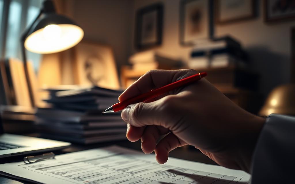 A dimly lit office, the warm glow of a desk lamp casting shadows across stacks of documents and a laptop. In the foreground, a hand holding a red pen circles and annotates a schedule, highlighting unexplained changes. The background is blurred, hinting at the tension and uncertainty surrounding the situation. The scene is imbued with a sense of investigation and analysis, conveying the careful scrutiny required to uncover the truth behind the schedule changes. A dimly lit office, the warm glow of a desk lamp casting shadows across stacks of documents and a laptop. In the foreground, a hand holding a red pen circles and annotates a schedule, highlighting unexplained changes. The background is blurred, hinting at the tension and uncertainty surrounding the situation. The scene is imbued with a sense of investigation and analysis, conveying the careful scrutiny required to uncover the truth behind the schedule changes.