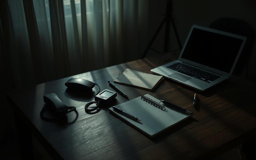 A dimly lit room, a table with various communication tools - a phone, a notebook, a pen, and a laptop. The objects are scattered, conveying a sense of disarray and emotional turmoil. The lighting is soft and moody, casting long shadows that add depth and a melancholic atmosphere. The camera angle is slightly elevated, giving the viewer a sense of detachment and observation, as if witnessing the aftermath of a difficult conversation. The overall scene suggests the struggle to rebuild trust and improve communication in the wake of betrayal.