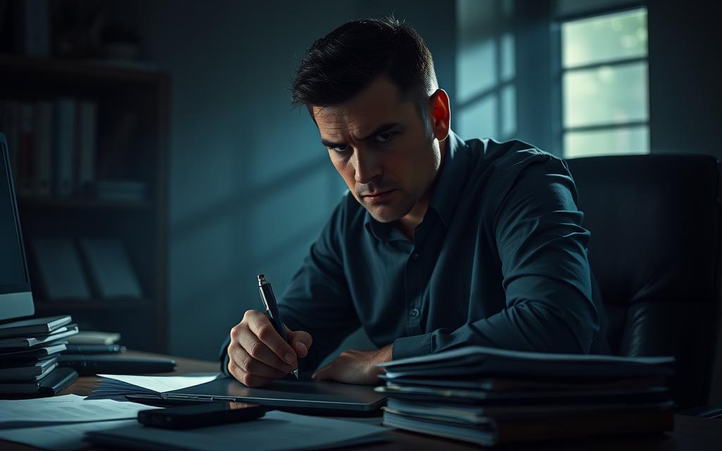 A dimly lit room, shadows cast across the face of a man sitting at a desk, his body language tense and uneasy. His eyes dart furtively, fingers fidgeting with a pen, betraying a sense of guilt and concealment. The desk is cluttered with papers, mobile phone partially hidden under a stack, hinting at secrets he is desperate to keep hidden. The atmosphere is heavy, filled with a sense of unease and the weight of a troubled conscience. Dramatic chiaroscuro lighting accentuates the man's features, creating a somber, introspective mood. A dimly lit room, shadows cast across the face of a man sitting at a desk, his body language tense and uneasy. His eyes dart furtively, fingers fidgeting with a pen, betraying a sense of guilt and concealment. The desk is cluttered with papers, mobile phone partially hidden under a stack, hinting at secrets he is desperate to keep hidden. The atmosphere is heavy, filled with a sense of unease and the weight of a troubled conscience. Dramatic chiaroscuro lighting accentuates the man's features, creating a somber, introspective mood.