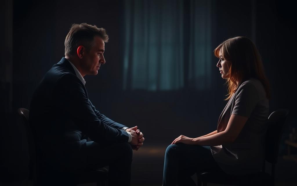 A dimly lit room, the atmosphere heavy with tension. A man and a woman sit across from each other, their bodies angled towards each other, eyes locked in a serious exchange. The lighting is soft, creating shadows that accentuate the gravity of the moment. The background is blurred, drawing the viewer's focus to the two figures, the setting suggesting a private, intimate space carefully chosen for this difficult conversation. The mood is one of apprehension, but also determination, as they navigate the delicate issues at hand. A dimly lit room, the atmosphere heavy with tension. A man and a woman sit across from each other, their bodies angled towards each other, eyes locked in a serious exchange. The lighting is soft, creating shadows that accentuate the gravity of the moment. The background is blurred, drawing the viewer's focus to the two figures, the setting suggesting a private, intimate space carefully chosen for this difficult conversation. The mood is one of apprehension, but also determination, as they navigate the delicate issues at hand.