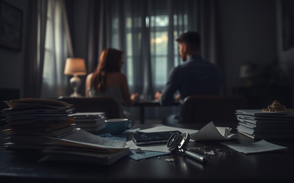 A dimly lit room, the atmosphere heavy with tension. In the foreground, a couple sits across from each other, their body language tense and distant. Stacks of unsent letters, crumpled paper, and a smashed cellphone litter the table, symbolic of the unspoken conflicts and broken trust that plague their relationship. The background is blurred, with shadows creeping in, suggesting the looming presence of doubt, resentment, and the potential for the situation to spiral out of control. The lighting is somber, casting an ominous glow, hinting at the emotional turmoil and the need for a profound reckoning. This is a scene of "relationship red flags" - a cautionary tale of a troubled partnership on the brink of collapse. A dimly lit room, the atmosphere heavy with tension. In the foreground, a couple sits across from each other, their body language tense and distant. Stacks of unsent letters, crumpled paper, and a smashed cellphone litter the table, symbolic of the unspoken conflicts and broken trust that plague their relationship. The background is blurred, with shadows creeping in, suggesting the looming presence of doubt, resentment, and the potential for the situation to spiral out of control. The lighting is somber, casting an ominous glow, hinting at the emotional turmoil and the need for a profound reckoning. This is a scene of "relationship red flags" - a cautionary tale of a troubled partnership on the brink of collapse.