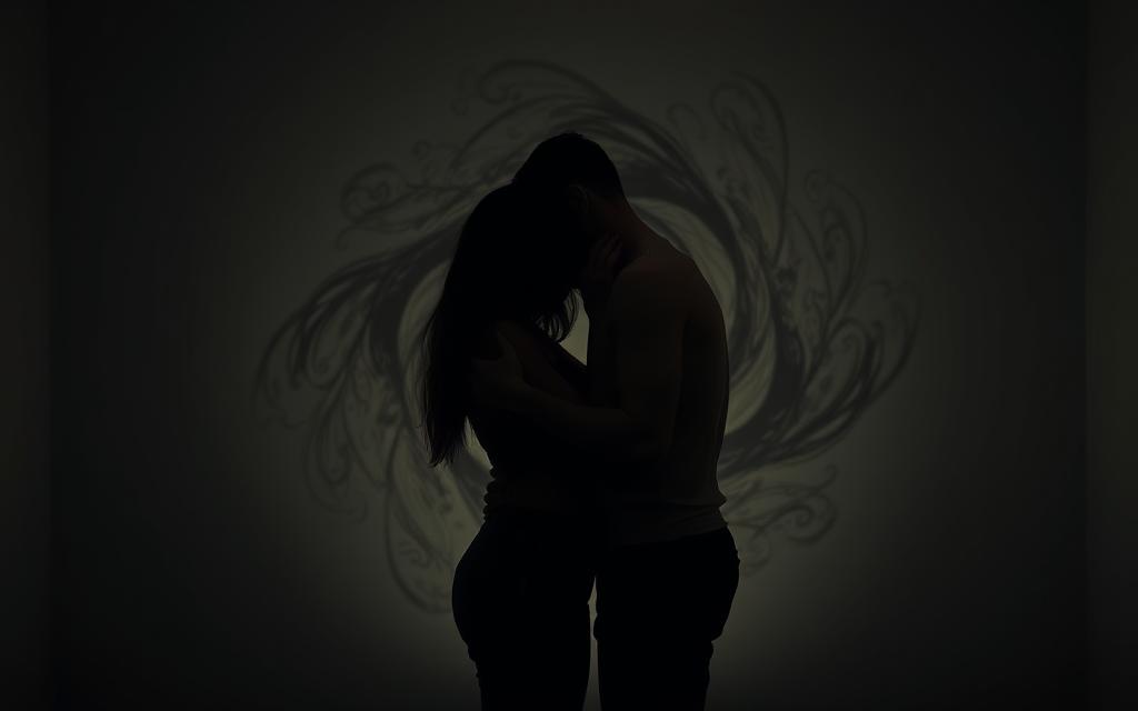 A dimly lit room, the walls a muted, melancholic hue. In the foreground, a couple, their bodies intertwined, faces obscured by shadow, conveying a sense of emotional turmoil and physical desire. Surrounding them, a swirling, abstract background, hinting at the complex, multilayered motivations that drive infidelity – a mix of longing, resentment, and a desperate search for connection. The lighting, a mix of warm and cool tones, creates a sense of chiaroscuro, adding depth and nuance to the scene. The angles and composition, slightly askew, suggest the underlying disharmony and fragmentation of the relationship. The overall atmosphere is one of tension, desire, and the weight of difficult choices. A dimly lit room, the walls a muted, melancholic hue. In the foreground, a couple, their bodies intertwined, faces obscured by shadow, conveying a sense of emotional turmoil and physical desire. Surrounding them, a swirling, abstract background, hinting at the complex, multilayered motivations that drive infidelity – a mix of longing, resentment, and a desperate search for connection. The lighting, a mix of warm and cool tones, creates a sense of chiaroscuro, adding depth and nuance to the scene. The angles and composition, slightly askew, suggest the underlying disharmony and fragmentation of the relationship. The overall atmosphere is one of tension, desire, and the weight of difficult choices.