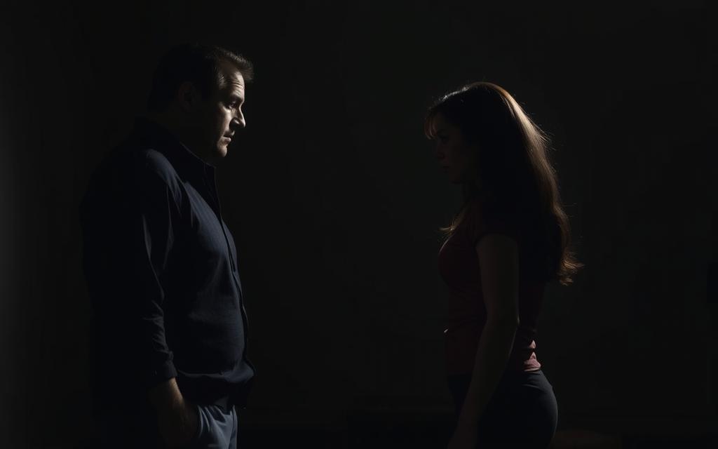 A dimly lit room, with a tense, confrontational atmosphere. In the foreground, two figures stand facing each other, their body language conveying a sense of conflict and unease. The man's expression is one of guilt and defensiveness, while the woman's face is a mix of hurt, anger, and determination. The lighting casts dramatic shadows, adding to the intensity of the scene. In the background, a neutral, muted palette sets the stage, allowing the focal point to be the confrontation between the two individuals. The camera angle is slightly elevated, giving the viewer a sense of observing the encounter from a distance, yet still feeling the emotional weight of the moment. A dimly lit room, with a tense, confrontational atmosphere. In the foreground, two figures stand facing each other, their body language conveying a sense of conflict and unease. The man's expression is one of guilt and defensiveness, while the woman's face is a mix of hurt, anger, and determination. The lighting casts dramatic shadows, adding to the intensity of the scene. In the background, a neutral, muted palette sets the stage, allowing the focal point to be the confrontation between the two individuals. The camera angle is slightly elevated, giving the viewer a sense of observing the encounter from a distance, yet still feeling the emotional weight of the moment.