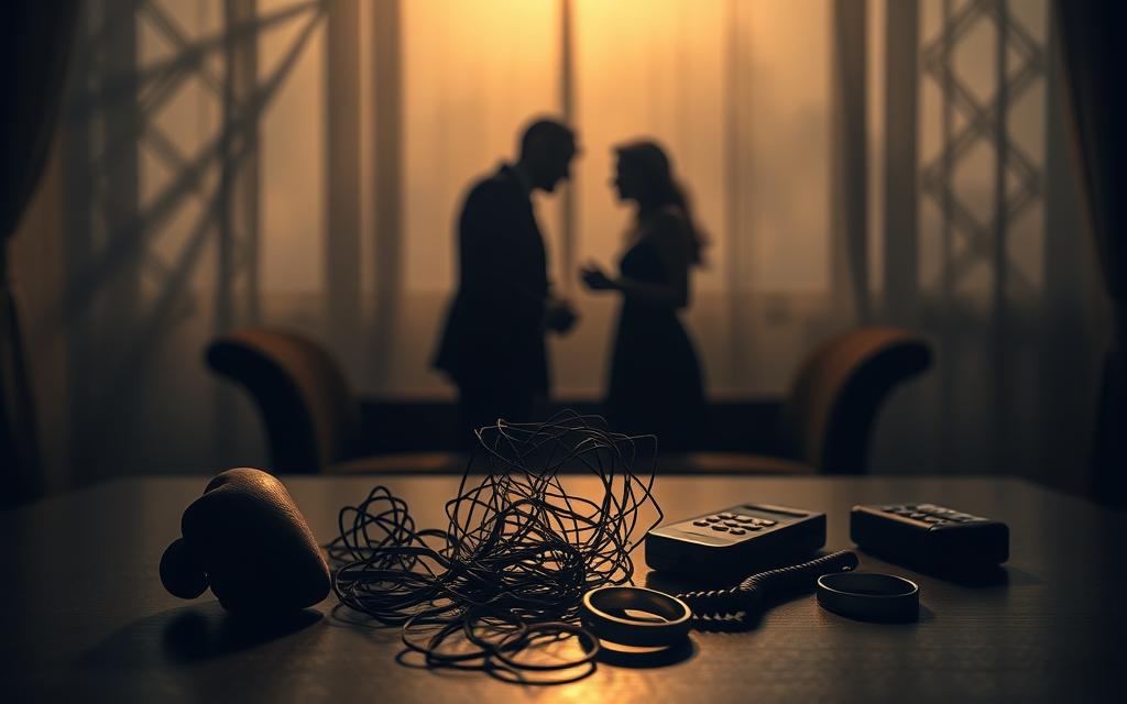 A dimly lit room with intricate shadows cascading across a table. In the foreground, a collection of symbolic objects representing different types of infidelity - a broken heart, tangled web, secret phone, and discarded wedding ring. The middle ground features two shadowy figures, their faces obscured, engaged in a tense exchange. The background is hazy, creating a sense of isolation and discomfort. The overall tone is somber, reflecting the gravity and complexity of the subject matter. Soft, warm lighting illuminates the scene, highlighting the contrast between the betrayal and the intimacy suggested by the setting.