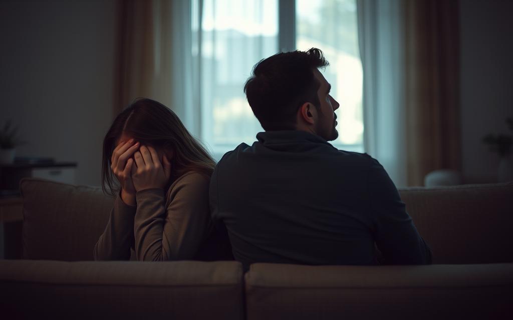 A dimly lit scene, a couple sits together on a couch, their bodies turned away from each other, a tangible distance and emotional disconnect between them. The woman's face is hidden in her hands, her expression one of anguish and despair. The man stares off into the distance, his eyes downcast, a weight of guilt and regret upon his shoulders. The background is blurred, but suggests a once-cozy living room, now filled with a palpable sense of betrayal and shattered trust. Soft, muted tones pervade the scene, conveying the somber and melancholic atmosphere. A single, faint ray of light peeks through a window, a glimmer of hope amidst the darkness. A dimly lit scene, a couple sits together on a couch, their bodies turned away from each other, a tangible distance and emotional disconnect between them. The woman's face is hidden in her hands, her expression one of anguish and despair. The man stares off into the distance, his eyes downcast, a weight of guilt and regret upon his shoulders. The background is blurred, but suggests a once-cozy living room, now filled with a palpable sense of betrayal and shattered trust. Soft, muted tones pervade the scene, conveying the somber and melancholic atmosphere. A single, faint ray of light peeks through a window, a glimmer of hope amidst the darkness.
