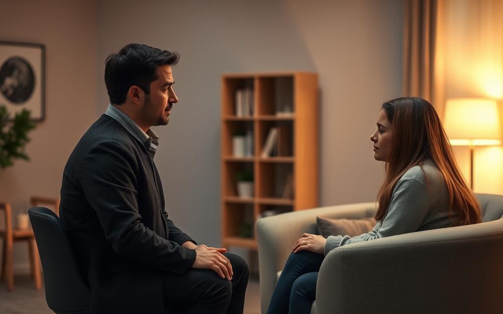 A dimly lit, warm-toned counseling session with a professional therapist and a couple sitting across from them, engaged in a serious discussion. The therapist's face is calm and empathetic, while the couple expresses a range of emotions - sadness, vulnerability, and a glimmer of hope. The room is spacious, with soft lighting, neutral-colored furniture, and a bookshelf in the background, creating an atmosphere of comfort and safety. The couple's body language conveys a sense of trust and openness as they navigate the challenging topic of infidelity with the guidance of the experienced counselor. A dimly lit, warm-toned counseling session with a professional therapist and a couple sitting across from them, engaged in a serious discussion. The therapist's face is calm and empathetic, while the couple expresses a range of emotions - sadness, vulnerability, and a glimmer of hope. The room is spacious, with soft lighting, neutral-colored furniture, and a bookshelf in the background, creating an atmosphere of comfort and safety. The couple's body language conveys a sense of trust and openness as they navigate the challenging topic of infidelity with the guidance of the experienced counselor.