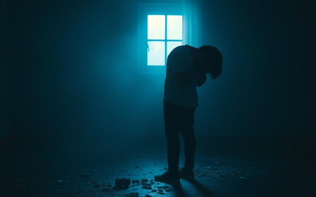 A distraught figure, shoulders hunched, face in hands, stands alone in a dimly lit room. Shards of broken trust litter the floor, casting long shadows. Soft, cool lighting filters through a solitary window, illuminating the emotional turmoil. Subtle hues of blue and gray convey a somber, introspective mood. The composition emphasizes the subject's isolation and the weight of betrayal. Cinematic depth of field blurs the background, focusing attention on the central emotional impact of infidelity.