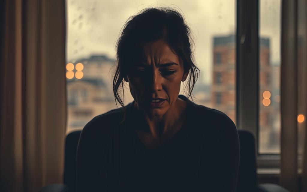 A distraught woman, face contorted in anguish, sits alone in a dimly lit room. Tears stream down her cheeks as she grapples with the emotional turmoil of her husband's betrayal. The warm, muted lighting casts a soft, melancholic glow, emphasizing the depth of her distress. In the background, a blurred cityscape through a rain-streaked window suggests the isolation and disconnect she feels from the outside world. The composition, with the woman situated centrally and filling the frame, conveys the overwhelming nature of her emotional crisis, the weight of her personal struggle consuming her entirely. A distraught woman, face contorted in anguish, sits alone in a dimly lit room. Tears stream down her cheeks as she grapples with the emotional turmoil of her husband's betrayal. The warm, muted lighting casts a soft, melancholic glow, emphasizing the depth of her distress. In the background, a blurred cityscape through a rain-streaked window suggests the isolation and disconnect she feels from the outside world. The composition, with the woman situated centrally and filling the frame, conveys the overwhelming nature of her emotional crisis, the weight of her personal struggle consuming her entirely.