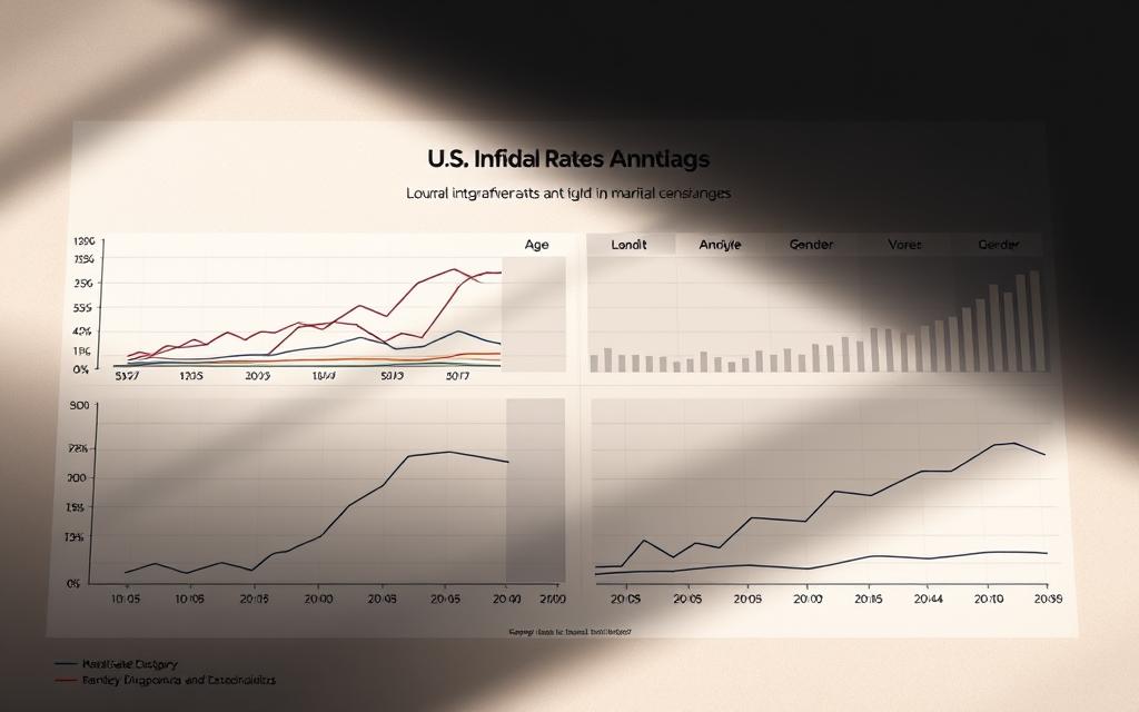 A large, detailed infographic chart rendered in a modern, data-driven style. The foreground depicts clearly labeled line graphs showing infidelity rates by age and gender across a range of US marriage demographics. The middle ground features a clean, minimalist grid layout with crisp typography and icons. The background has a subtle, textured gradient in muted, professional colors that complement the overall aesthetic. Dramatic, directional lighting casts dramatic shadows, creating depth and visual interest. The image conveys a sense of authoritative, fact-based insight into the complex dynamics of marital infidelity trends. A large, detailed infographic chart rendered in a modern, data-driven style. The foreground depicts clearly labeled line graphs showing infidelity rates by age and gender across a range of US marriage demographics. The middle ground features a clean, minimalist grid layout with crisp typography and icons. The background has a subtle, textured gradient in muted, professional colors that complement the overall aesthetic. Dramatic, directional lighting casts dramatic shadows, creating depth and visual interest. The image conveys a sense of authoritative, fact-based insight into the complex dynamics of marital infidelity trends.