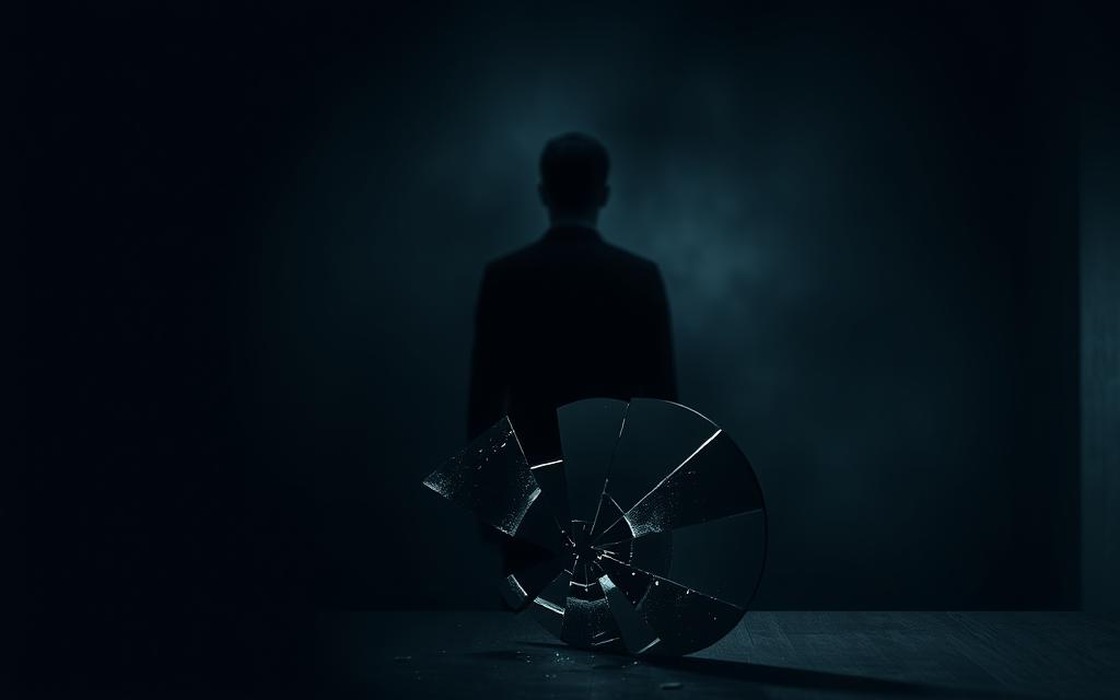 A lone figure stands in a dimly lit room, their face obscured by shadows, reflecting the emotional turmoil of an affair. In the foreground, a shattered mirror symbolizes the fragmentation of trust, while the background is hazy and indistinct, conveying the confusion and uncertainty that follows. The lighting is soft and moody, casting a somber, melancholic tone. The composition is balanced, with the central figure occupying a prominent position, surrounded by the tangible weight of their emotional burden. The overall atmosphere evokes a sense of introspection and the arduous journey towards healing and moving on.