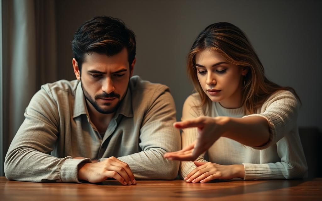 A man and woman sitting at a table, their posture conveying a sense of vulnerability and sincere remorse. Soft, warm lighting illuminates their faces, creating an atmosphere of introspection and openness. The man's gaze is directed downward, his expression somber, while the woman reaches across the table, her hand extended in a gesture of forgiveness. The background is slightly blurred, allowing the viewer to focus on the intimate moment unfolding between the two individuals as they navigate the delicate process of rebuilding trust after infidelity.