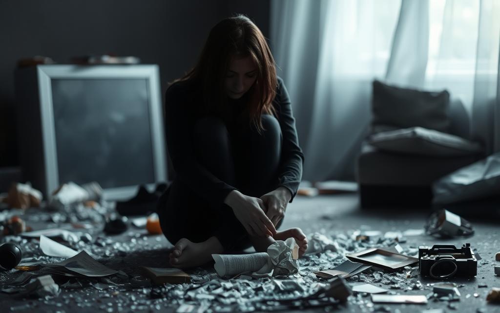 A melancholic figure sits alone, their face obscured, surrounded by shattered glass and scattered personal items, symbolizing the emotional debris of betrayal trauma. Soft, muted lighting casts deep shadows, creating an atmosphere of introspection and vulnerability. The cluttered foreground contrasts with a blurred, dreamlike background, reflecting the disorientation and inner turmoil. Subtle details, such as a crumpled letter or a discarded photograph, hint at the narrative of the betrayal. The overall scene evokes a sense of loss, confusion, and the difficult journey towards healing.