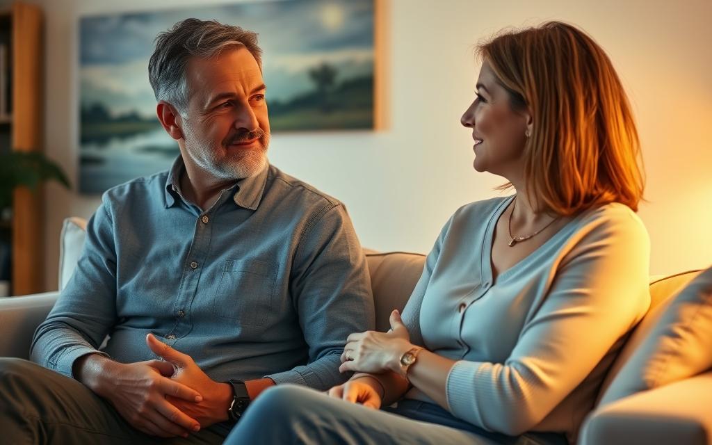 A middle-aged couple sitting on a comfortable couch, engaged in a serious yet constructive discussion. The lighting is warm and soothing, creating a sense of intimacy. The man and woman maintain eye contact, their body language open and attentive, suggesting a safe and supportive environment for meaningful communication. In the background, a serene landscape painting or a bookshelf stocked with relationship-themed literature provides a calming ambiance, reinforcing the idea of a professional therapeutic setting. The overall mood is one of mutual understanding, empathy, and a shared commitment to work through their challenges together.
