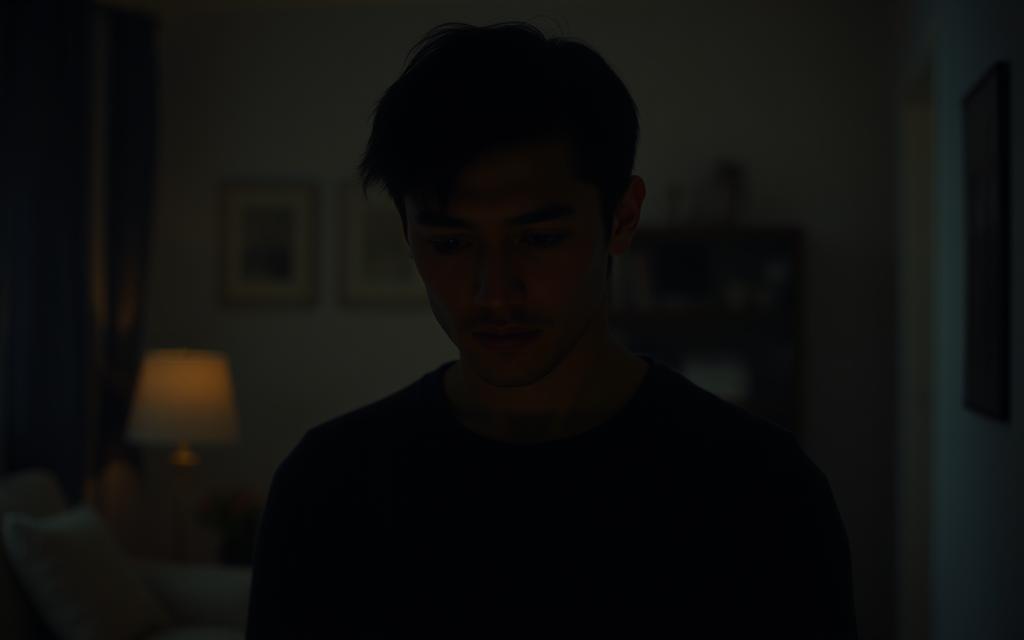 A pensive figure stands in a dimly lit room, their face obscured by shadows, capturing the weighted emotions of an emotional affair. The background is blurred, hinting at the turmoil and uncertainty within the relationship. Soft, warm lighting casts a melancholic glow, highlighting the subject's pensive expression and the weight of their internal struggle. The composition evokes a sense of isolation and the overwhelming impact of the emotional betrayal. The scene is captured through a shallow depth of field, drawing the viewer's attention to the central figure and the gravity of their emotional experience.