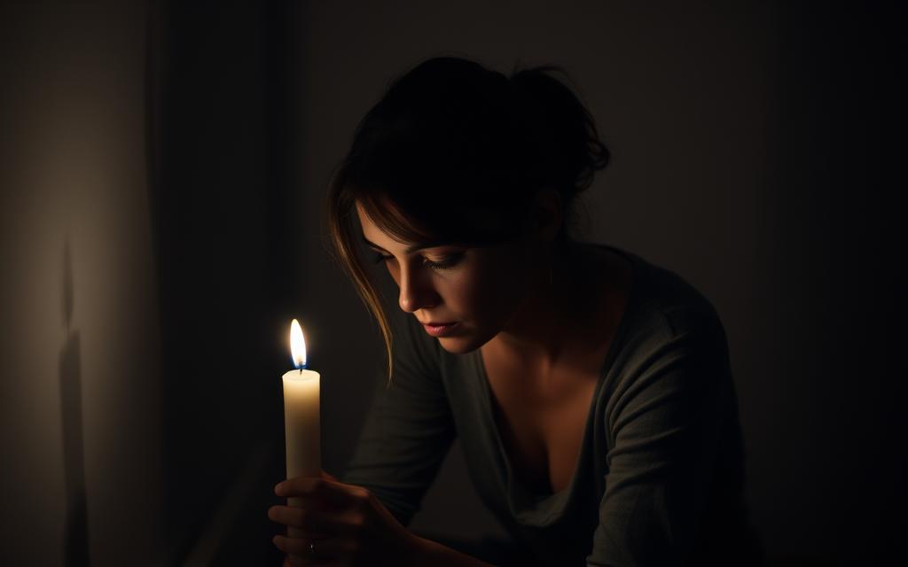 A pensive woman sits in a dimly lit room, her face illuminated by the soft glow of a single candle. She gazes down, her brow furrowed, lost in the turbulent sea of emotions that roils within. Shadows cast by the flickering flame dance across the walls, mirroring the inner turmoil she wrestles to contain. The sparse, muted tones of the setting evoke a sense of solitude and introspection, as she navigates the complex aftermath of trust betrayed. This scene captures the delicate balance between the raw pain of infidelity and the resilience required to regain emotional equilibrium. A pensive woman sits in a dimly lit room, her face illuminated by the soft glow of a single candle. She gazes down, her brow furrowed, lost in the turbulent sea of emotions that roils within. Shadows cast by the flickering flame dance across the walls, mirroring the inner turmoil she wrestles to contain. The sparse, muted tones of the setting evoke a sense of solitude and introspection, as she navigates the complex aftermath of trust betrayed. This scene captures the delicate balance between the raw pain of infidelity and the resilience required to regain emotional equilibrium.