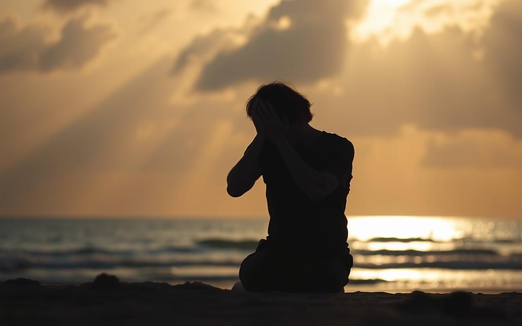 A person sitting alone on a beach, head in hands, signifying the emotional turmoil and solitude of the recovery process after betrayal. Soft, golden sunlight filters through clouds, creating a pensive, melancholic atmosphere. The figure's silhouette is in the foreground, with the ocean and horizon line forming the background. Muted colors and a sense of introspection evoke the inner journey of healing. The pose conveys vulnerability, loss, and the initial steps towards reclaiming one's sense of self. A person sitting alone on a beach, head in hands, signifying the emotional turmoil and solitude of the recovery process after betrayal. Soft, golden sunlight filters through clouds, creating a pensive, melancholic atmosphere. The figure's silhouette is in the foreground, with the ocean and horizon line forming the background. Muted colors and a sense of introspection evoke the inner journey of healing. The pose conveys vulnerability, loss, and the initial steps towards reclaiming one's sense of self.