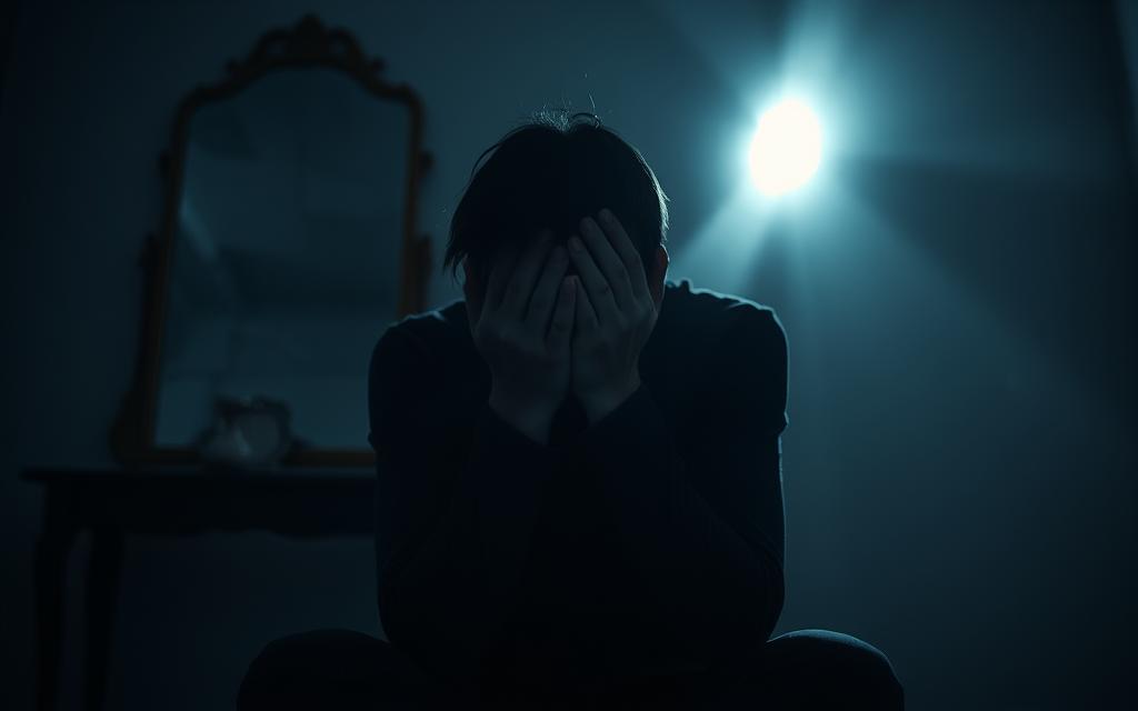 A person, their face obscured by their hands, sits alone in a dimly lit room, their body language conveying a sense of overwhelming grief and emotional turmoil. In the background, a shattered mirror reflects the fractured nature of their inner world, while a single ray of light struggles to pierce the gloom, offering a glimmer of hope amidst the darkness. The scene is captured with a cinematic, low-angle perspective, creating a sense of vulnerability and the weight of the subject's emotional burden.